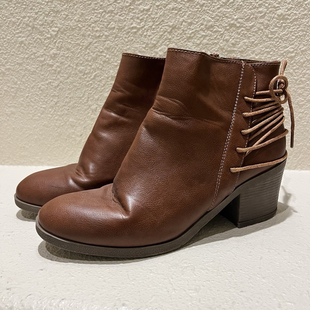 Bamboo Brown Booties‎ Zipper Tie Back Ankle Boots Women's Size 9 Faux Leather
